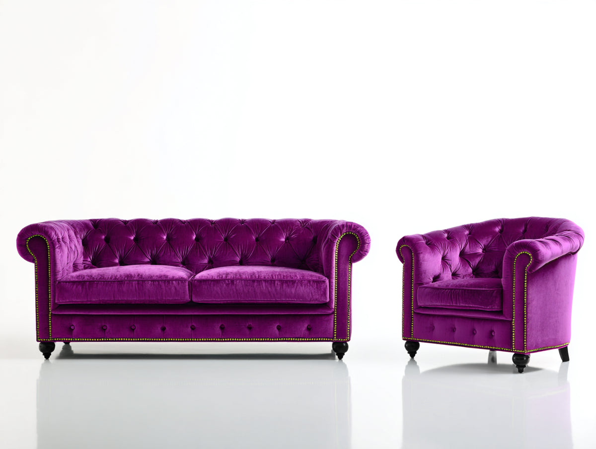 Ensemble de canapés - Velours - 186x90x80 cm - Violet - Style Chesterfield capitonné