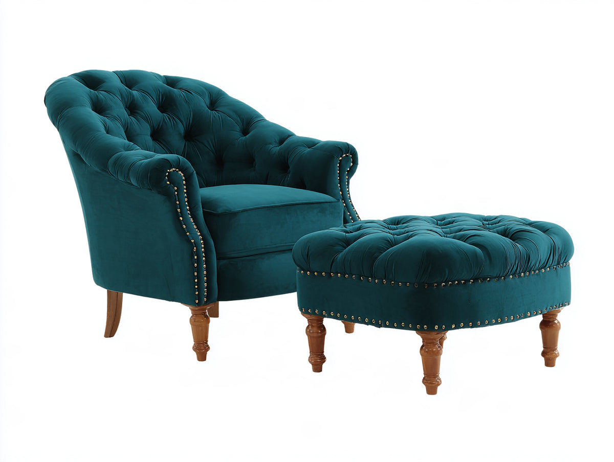 Fauteuil - Velours - 92x88x101 cm - Vert canard - Style classique capitonné