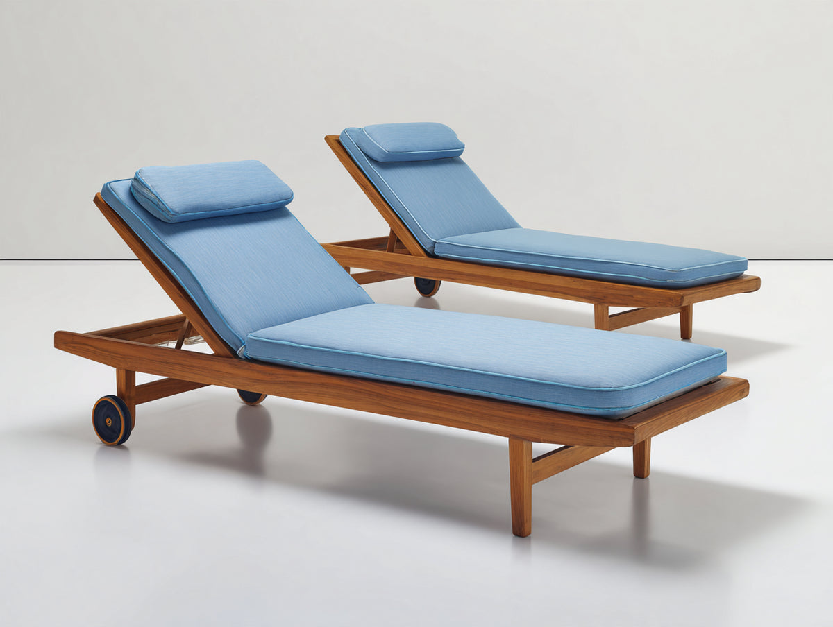Bain de soleil - Bois-Tissu - 198x70x88 cm - Bleu clair-Marron - Style moderne avec roulettes