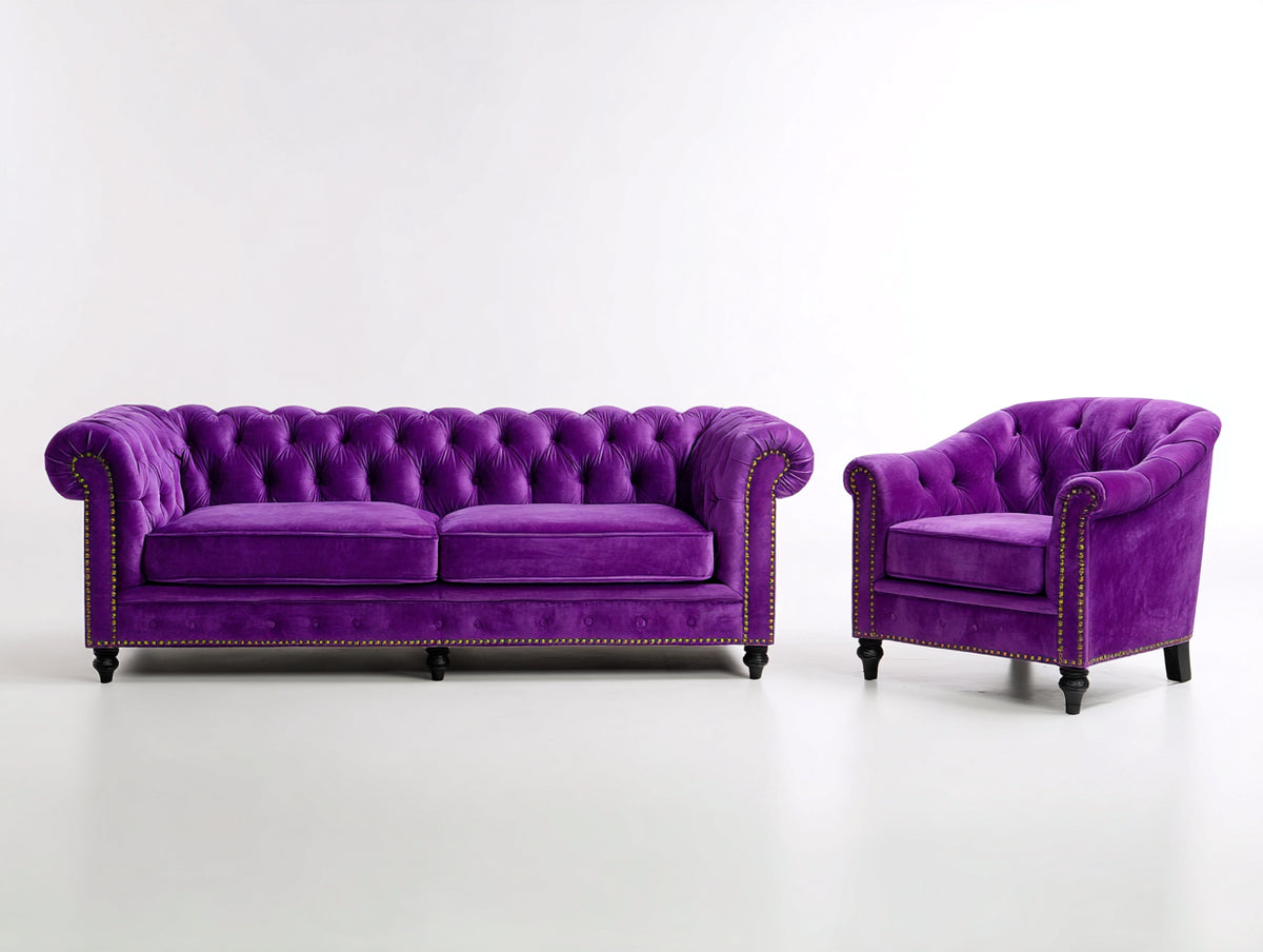 Ensemble de canapés - Velours - 187x90x79 cm - Violet - Style Chesterfield capitonné