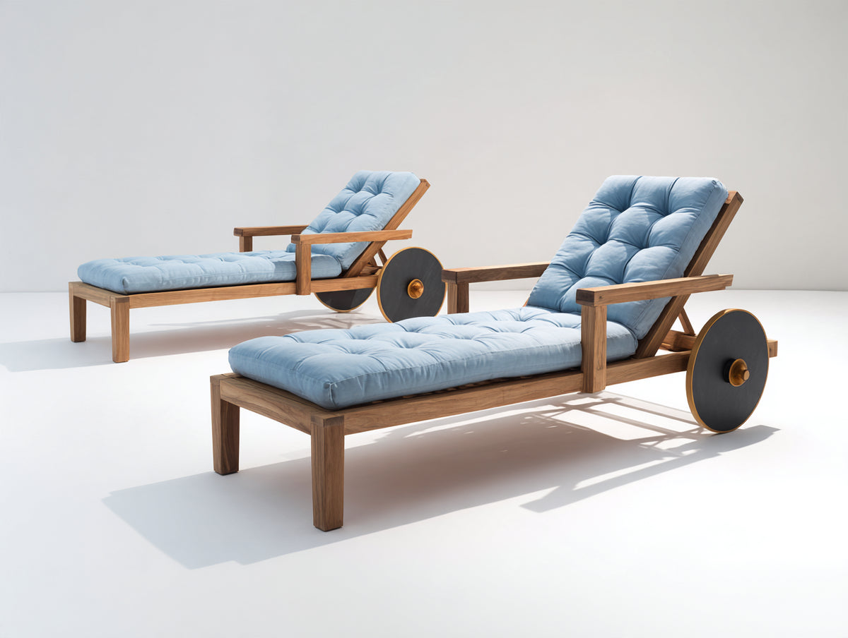 Bain de soleil - Bois-Tissu - 202x74x92 cm - Bleu clair-Marron-Noir - Style moderne avec roulettes
