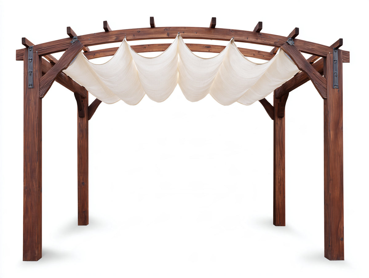 Tonnelle de jardin - Bois-Tissu - 380x320x285 cm - Marron-Blanc cassé - Style classique à toit textile drapé