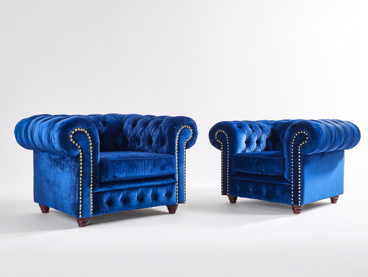 Ensemble de canapés - Velours - 113x93x81 cm - Bleu royal - Style Chesterfield capitonné