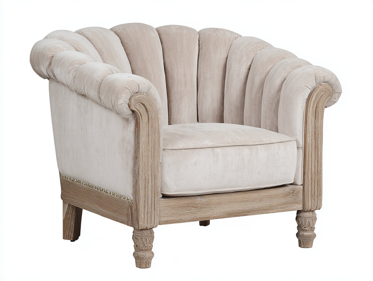 Fauteuil - Velours-Bois - 91x85x94 cm - Beige clair-Bois patiné - Style classique à dossier coquille