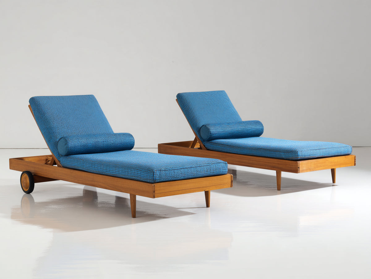 Bain de soleil - Bois-Tissu - 195x68x82 cm - Bleu-Marron - Style moderne avec roulettes