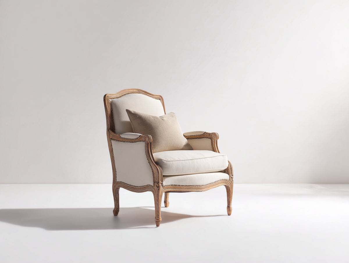 Fauteuil - Tissu-Bois - 83x78x99 cm - Beige clair-Bois patiné - Style classique sculpté