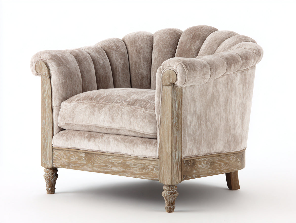 Fauteuil - Velours-Bois - 92x86x92 cm - Beige-Bois patiné - Style classique à dossier festonné