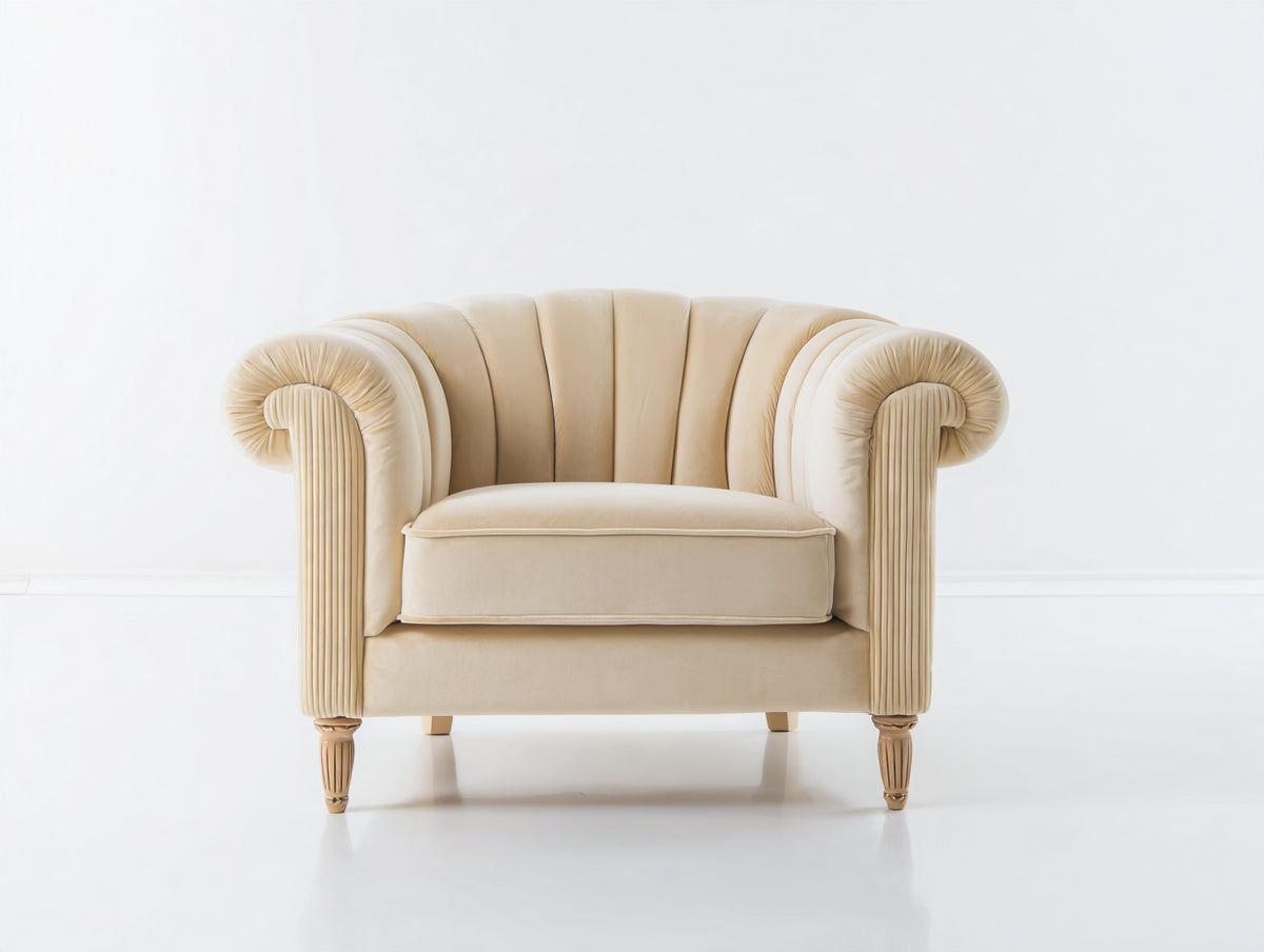 Fauteuil - Velours-Bois - 90x84x91 cm - Beige clair-Bois naturel - Style classique à dossier coquille